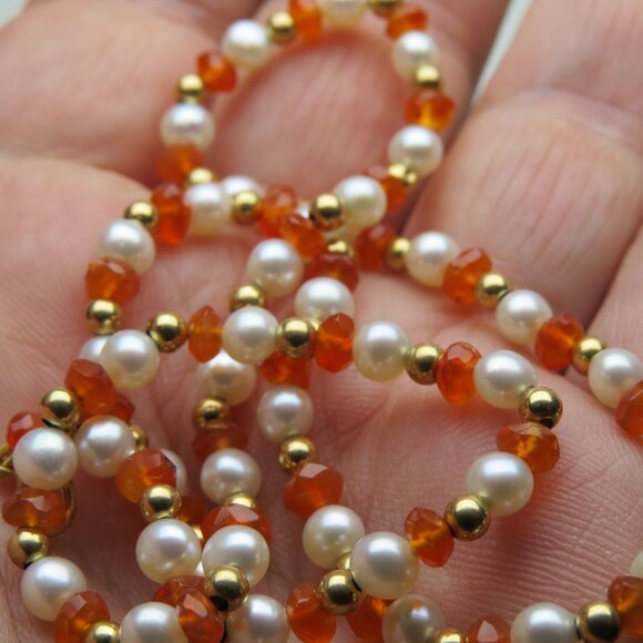 14k Gold Orange Sardonyx & Cultured pearl Necklace - Picture 4 of 4